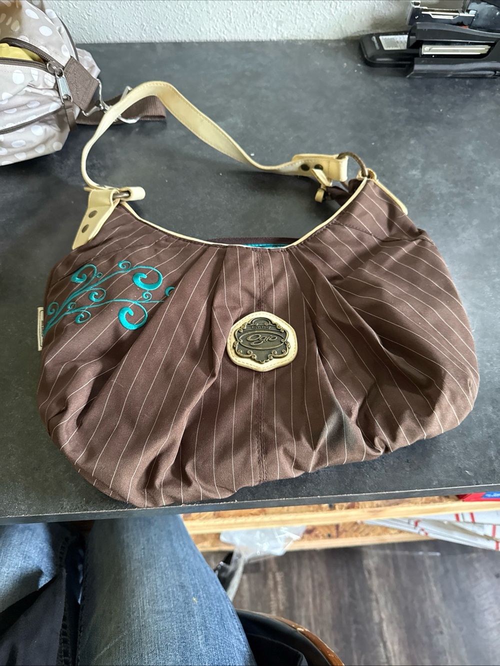 Brown Pinstripe Shoulder Bag with Teal Embroidery hobo bag by Ogio